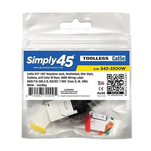 Simply45 S45-3500W-25 CAT5E UTP 180-Degree Keystone Jack, Toolless, White