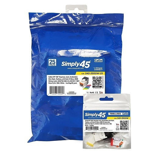Simply45 S45-3500W-25 CAT5E UTP 180-Degree Keystone Jack, Toolless, White