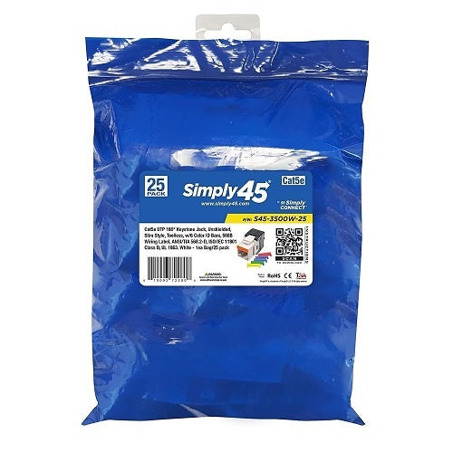 Simply45 S45-3500W-25 CAT5E UTP 180-Degree Keystone Jack, Toolless, White