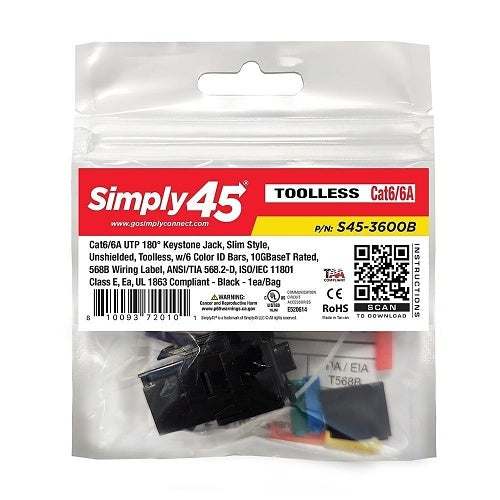 Simply45 S45-3600B-25 CAT6/6A UTP 180 Black Keystone Jack