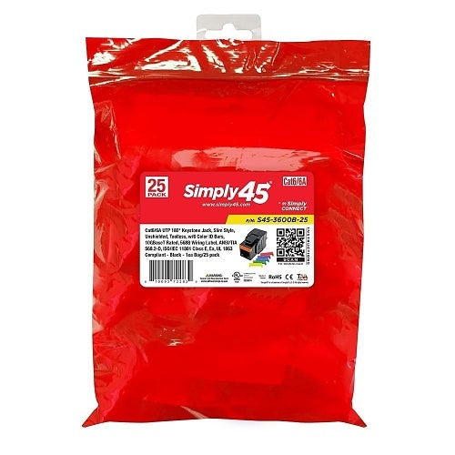 Simply45 S45-3600B-25 CAT6/6A UTP 180 Black Keystone Jack