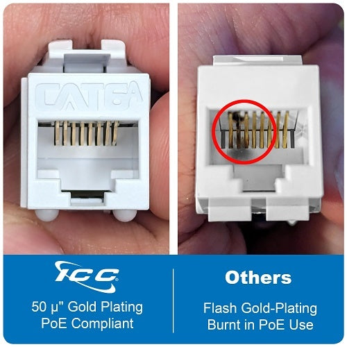 ICC IC1078GAYL CAT6A Keystone Jack with Slim Profile, 180-Degree Punch Down, 10Gbps RJ45 UL Listed PoE++ TAA Compliant for Wall Plate or Patch Panel, Works with JackEasy Termination Tool, Yellow