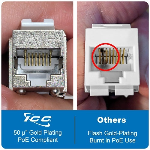 ICC IC1078S6A0 Shielded FTP CAT6A Keystone Jack with Slim Profile 180 Degree Punch Down, 10Gbps RJ45 UL Listed PoE++ TAA Compliant for Wall Plate or Patch Panel, Works with JackEasy Termination Tool