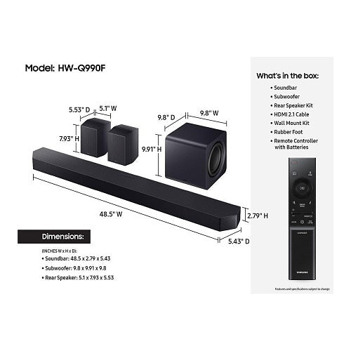 Samsung HW-Q990F-ZC Q-Series Soundbar with Subwoofer and Rear Speaker, Titan Black