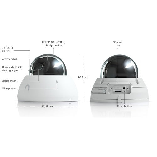 Ubiquiti UVC-AI-DOME-W 8MP All-Weather Vandal-Proof 4K PoE Dome Camera, White