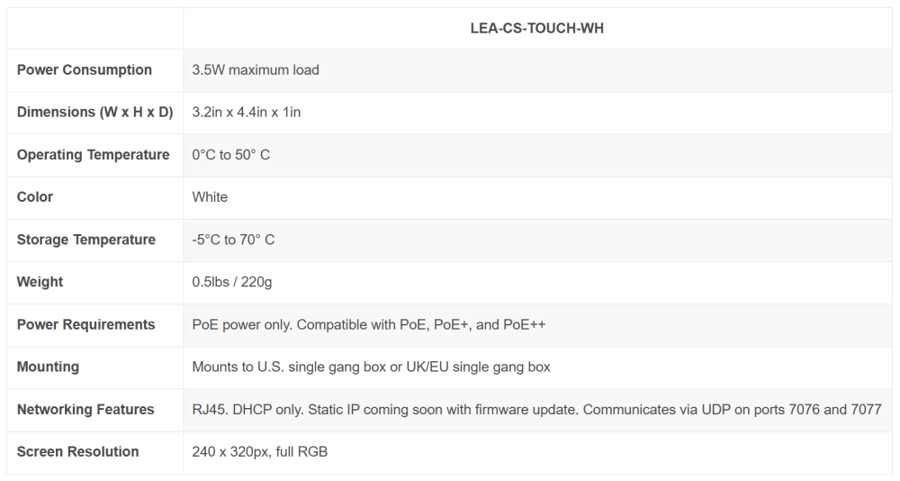 LEA Connect Series Touch Wall Controller (White)