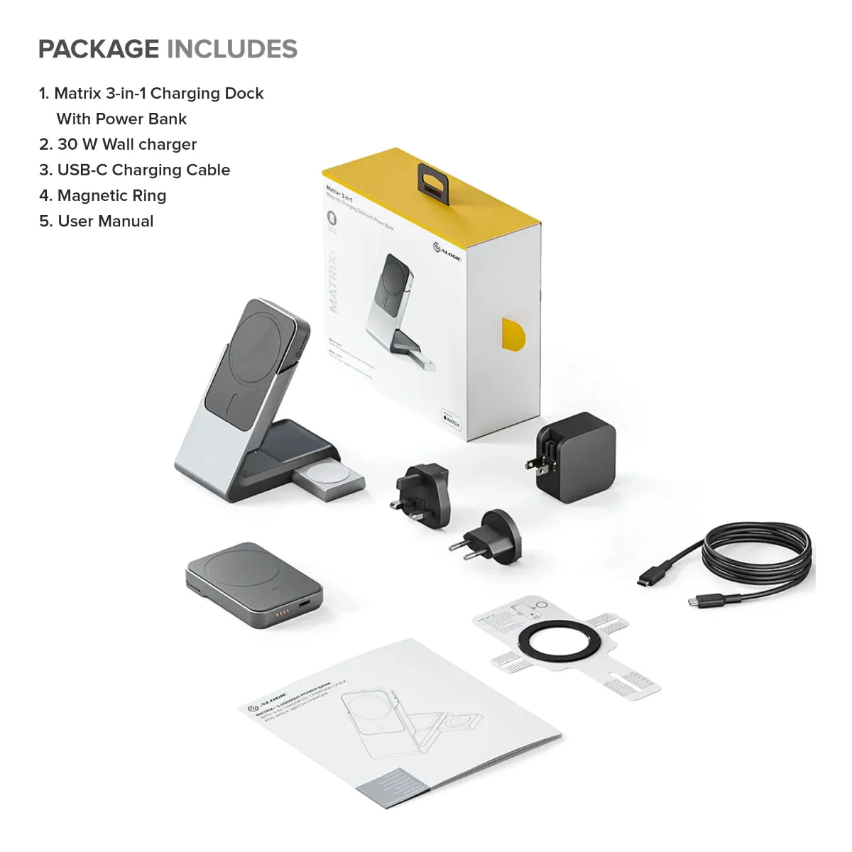 Alogic Qi Charging Stand / Dock 3-in-1 with 5000mAh Powerbank Phone (15W) & Airpods (5W) & Apple Watch Charger (2W) with 30W Wall Charger USB-C MagSafe - Black