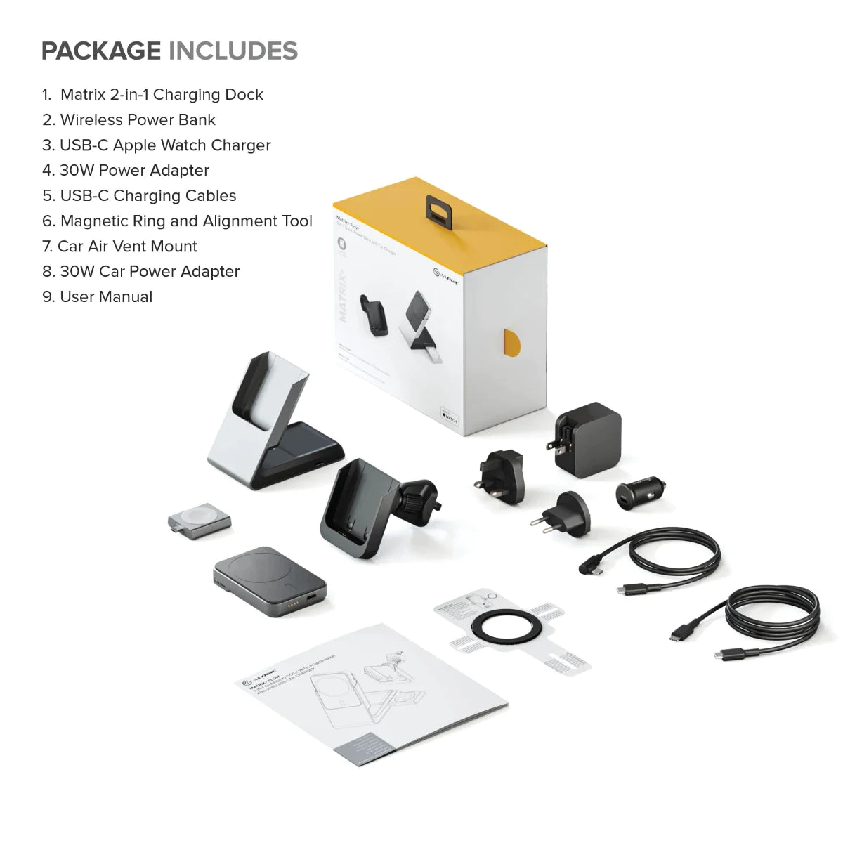 Alogic Qi Charging Stand / Dock 3-in-1 Phone (15W) & Airpods (5W) & Apple Watch Charger (2W) with 30W Wall & Car Charger USB-C Car Cradle Vent Clip - Black