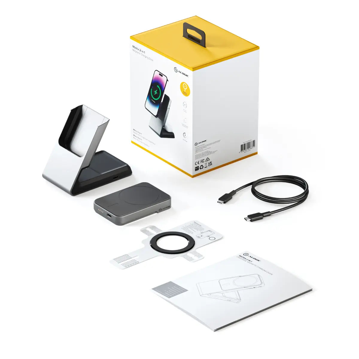 Alogic Qi Charging Stand / Dock 2-in-1 Phone (15W) & Airpods (5W) MagSafe Magnetic Ring Included - White