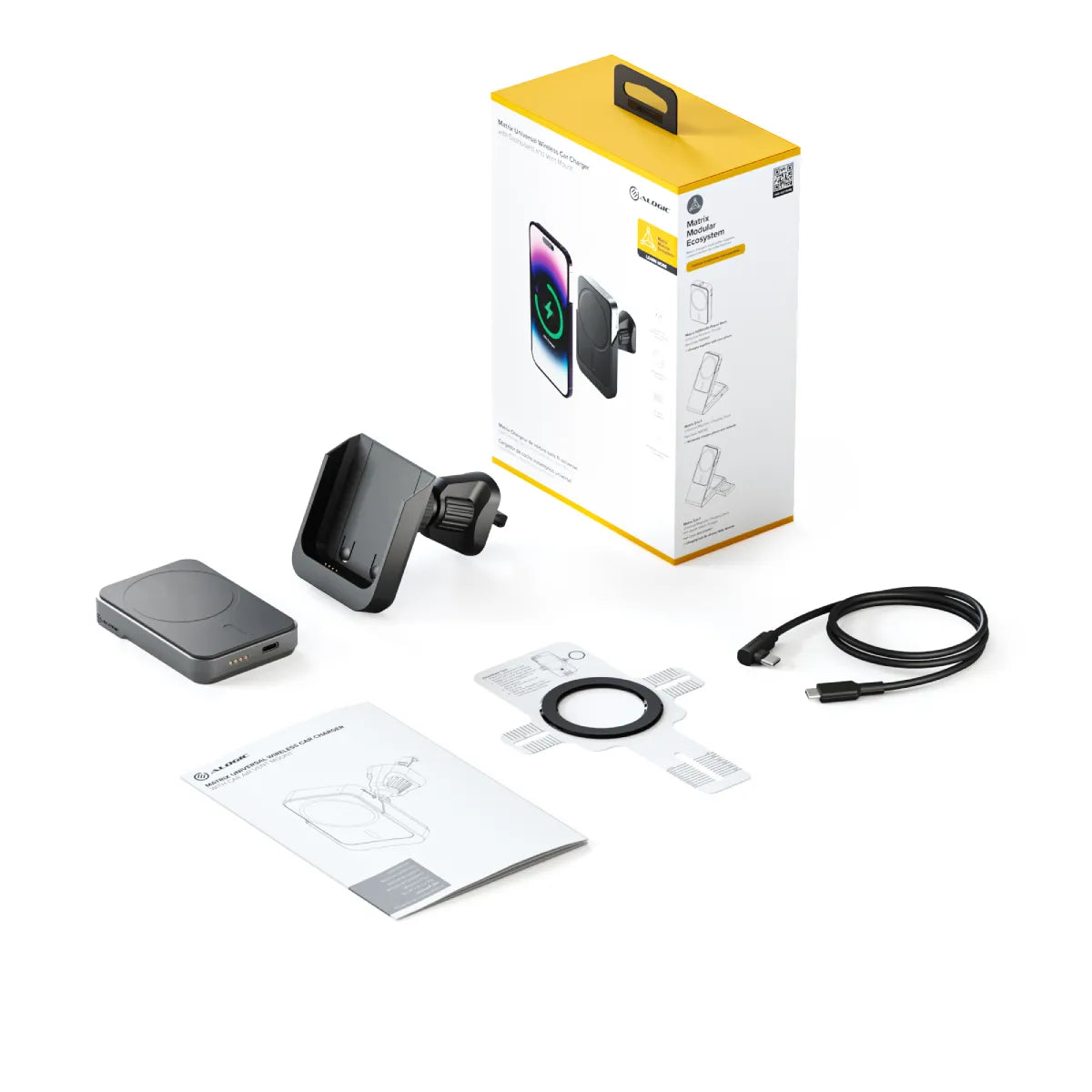 Alogic Qi Car Cradle with Vent Mount Matrix 15W Fast Charge with 30W USB-C Car Charger and USB-C Cable - Black