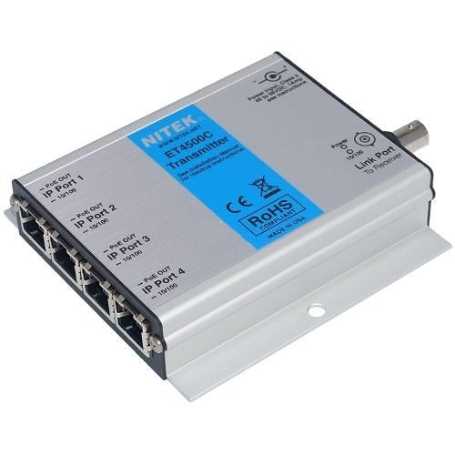Nitek ET4500C IP Camera over Coaxial Extender, (4) RJ45 Connector, BNC Coax Jack, 100Base-TX Full Duplex Ethernet, 48 to 56 Volt DC, -40 to 167 Deg F, 4" Width 4.9" Depth 1" Height