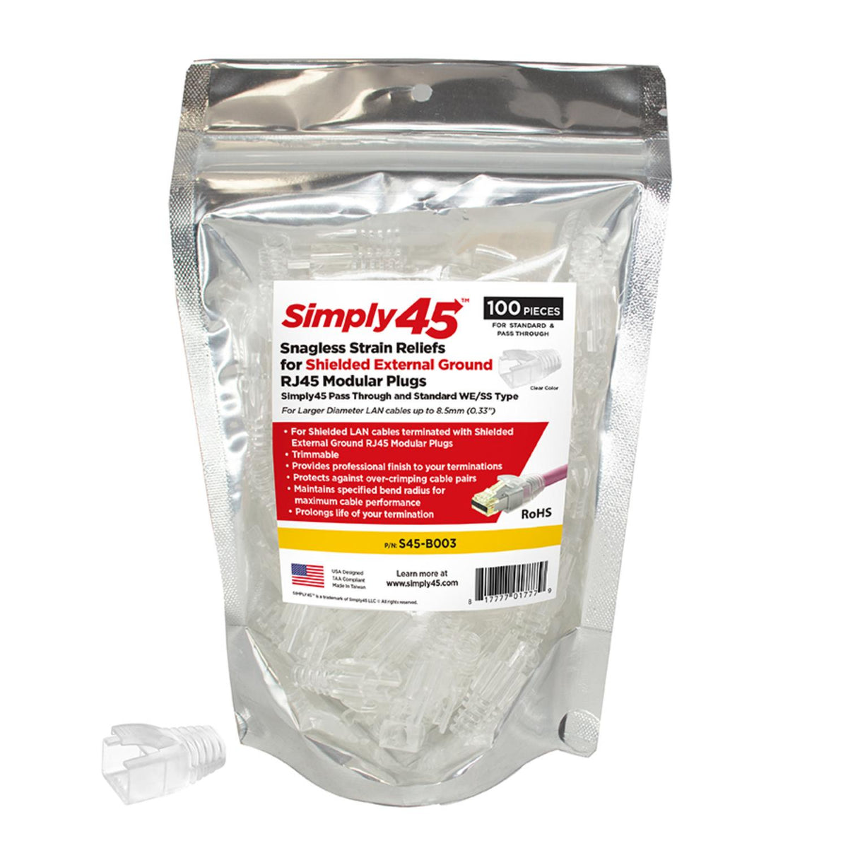 Simply45 Strain Reliefs for Simply45® Shielded External Ground for Pass-Through & Standard RJ45 – 100 pc/Resealable Bag