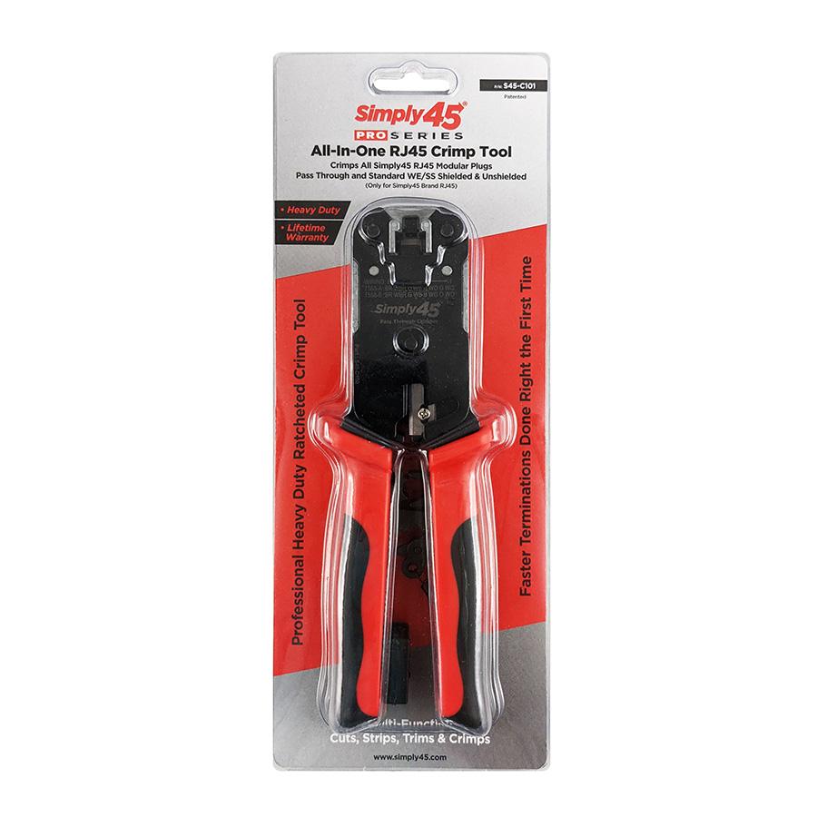 Simply45® PROSeries All-In-One RJ45 Crimp Tool for all S45 UTP & STP Pass-Through & Standard Connectors – 1 ea./Blister Card