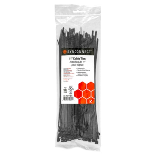 SynConnect Cable Tie 11\\" Flexible Nylon – Black – 100 pcs