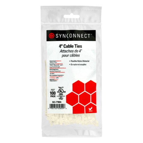 SynConnect Cable Tie 4\\" Flexible Nylon – White – 100 pcs