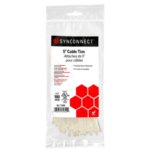 SynConnect Cable Tie 5\\" Flexible Nylon – White – 100 pcs