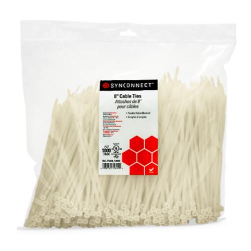 SynConnect Cable Tie Wraps Flexible Nylon 8\\" White c(UL) – 1000pcs