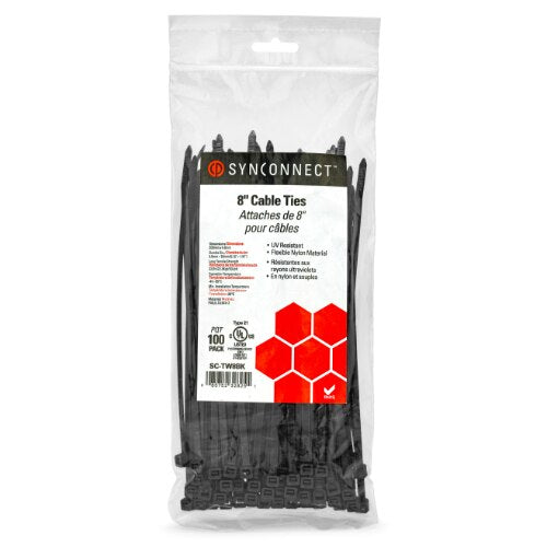 SynConnect Cable Tie 8\\" Flexible Nylon – Black – 100 pcs