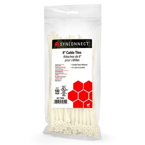 SynConnect Cable Tie 8\\" Flexible Nylon – White – 100 pcs