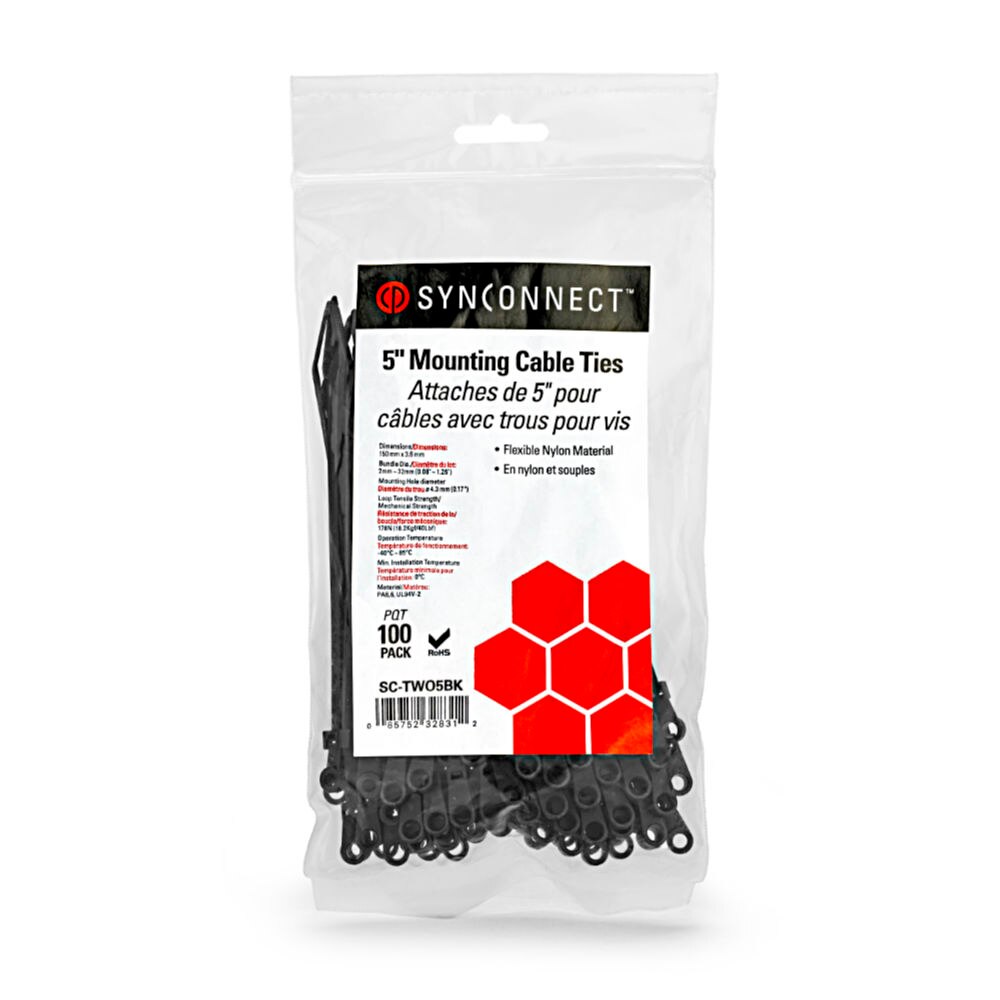 SynConnect Mountable Cable Ties – 5\\" – Black – 100 pcs