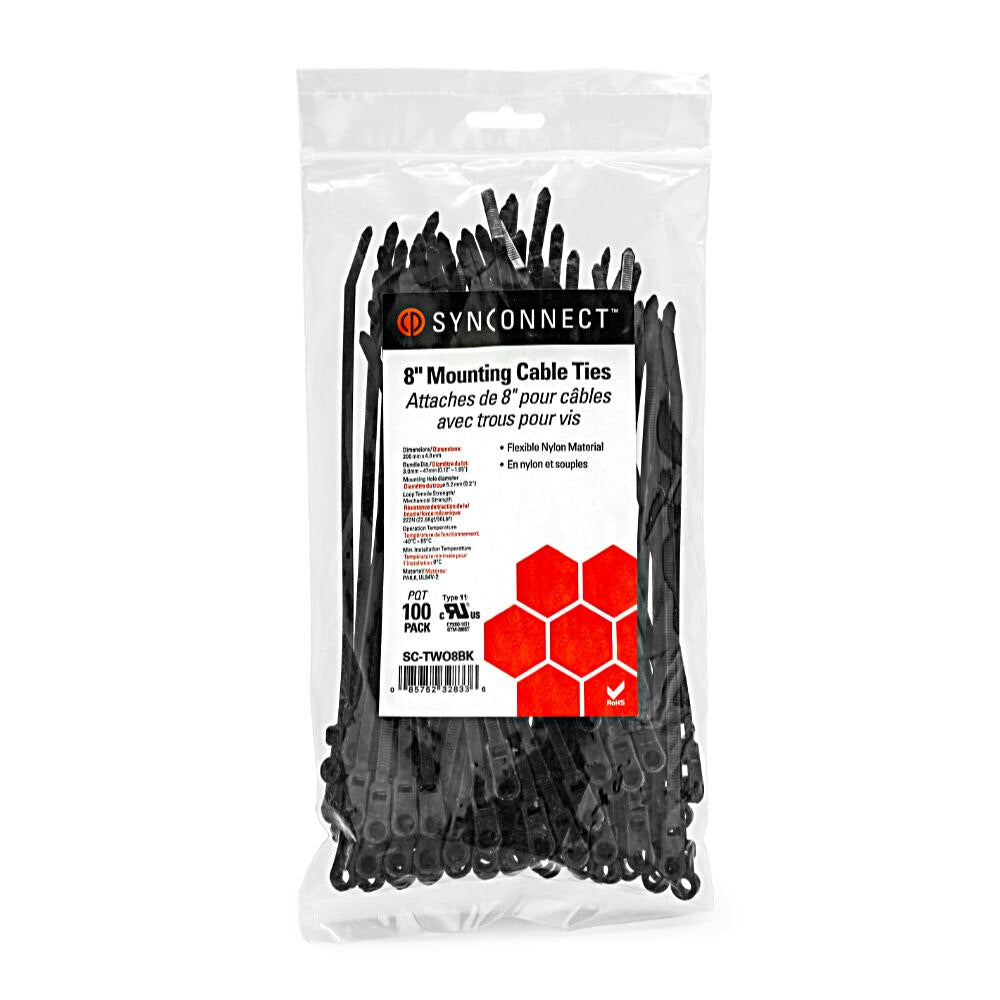SynConnect Mountable Cable Ties – 8\\" – Black – 100 pcs