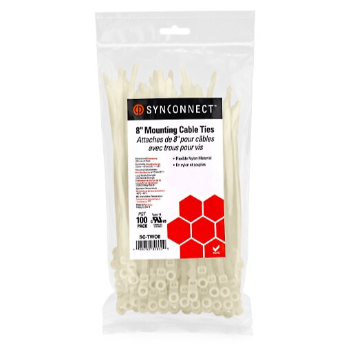 SynConnect Mountable Cable Ties – 8\\" – White – 100 pcs