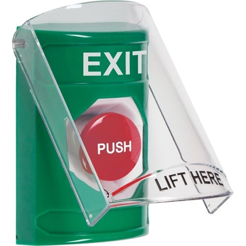 SS2121XT-EN Stopper Station Push Button with Shield, Turn-to-Reset, 'EXIT' Label, Green