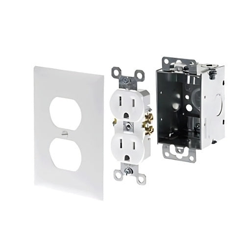 On-Q F7526 Duplex Power Kit, NEMA 5-15R, 125 Volt AC, 15A, Metal, White, Includes Tamper-Resistant Duplex Outlet, Metal Junction Box, Faceplate Kit
