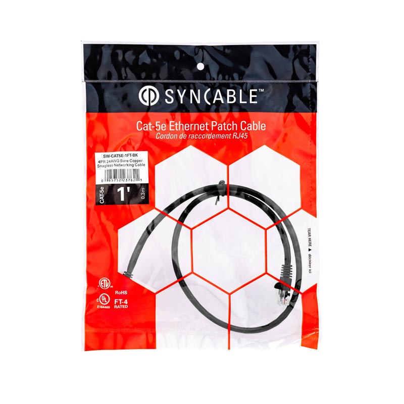 SynCable RJ45 CAT5E 350MHz FT-4 Molded Patch Cable – 1ft – Black