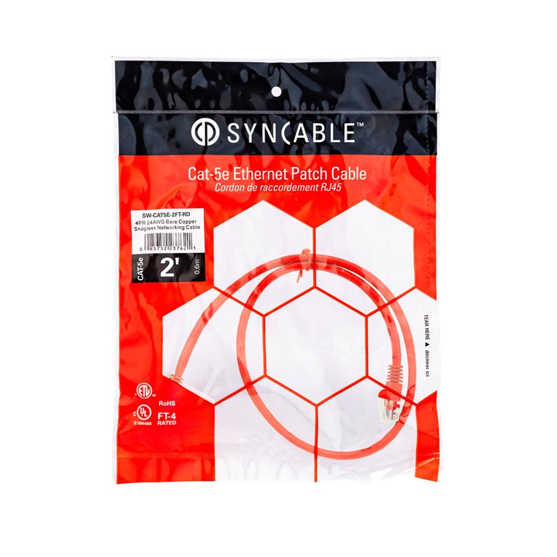 SynCable RJ45 CAT5E 350MHz FT-4 Molded Patch Cable – 2ft – Red