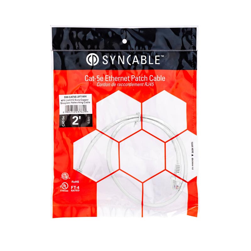 SynCable RJ45 CAT5E 350MHz FT-4 Molded Patch Cable – 2ft – White