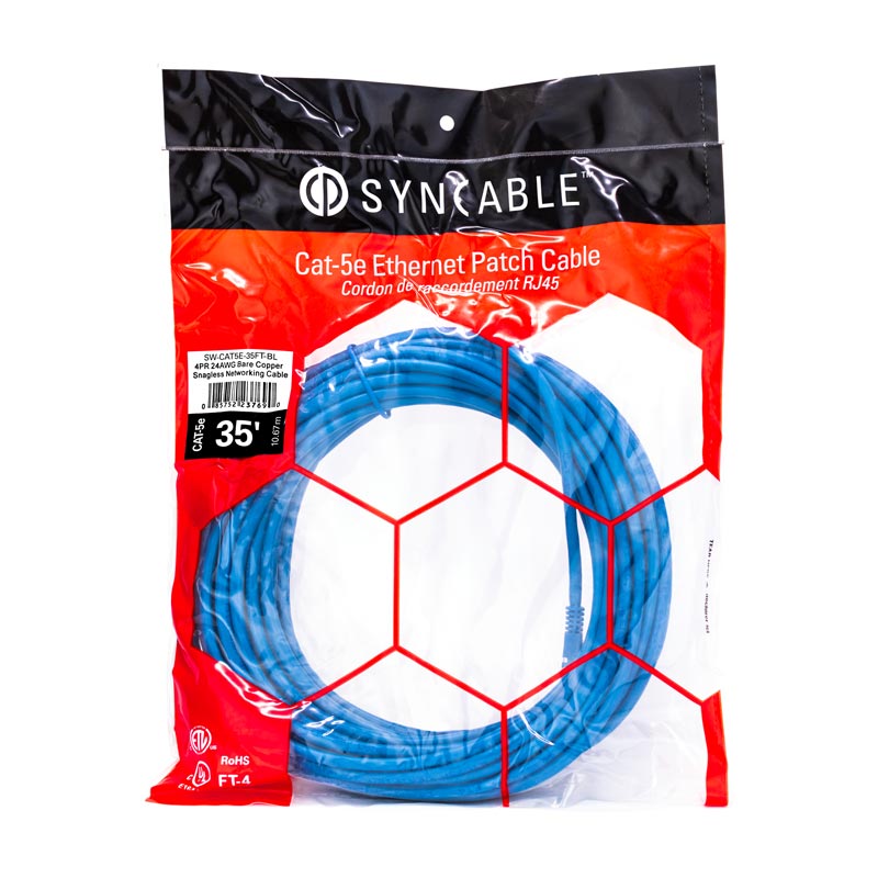 SynCable RJ45 CAT5E 350MHz FT-4 Molded Patch Cable – 35ft – Blue