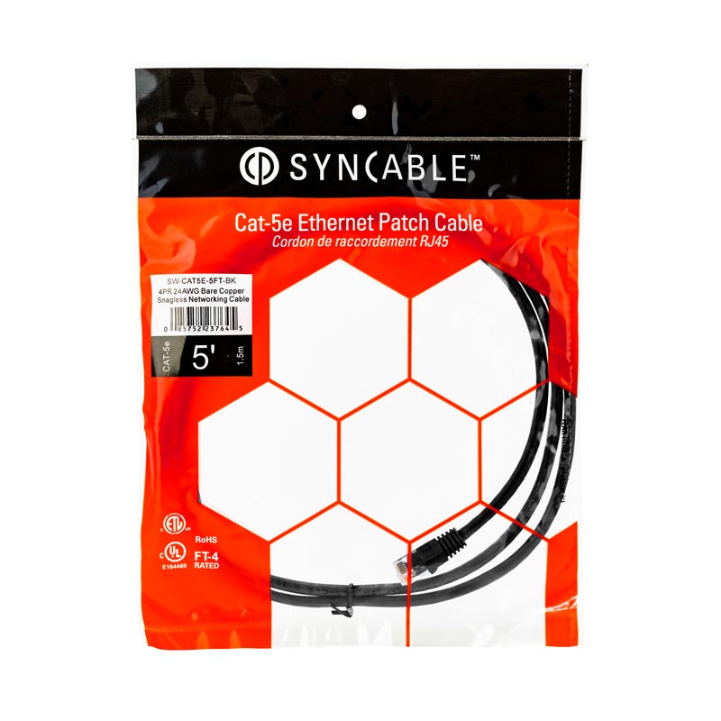 SynCable RJ45 CAT5E 350MHz FT-4 Molded Patch Cable – 5ft – Black