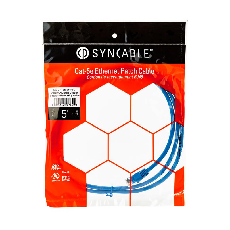 SynCable RJ45 CAT5E 350MHz FT-4 Molded Patch Cable – 5ft – Blue