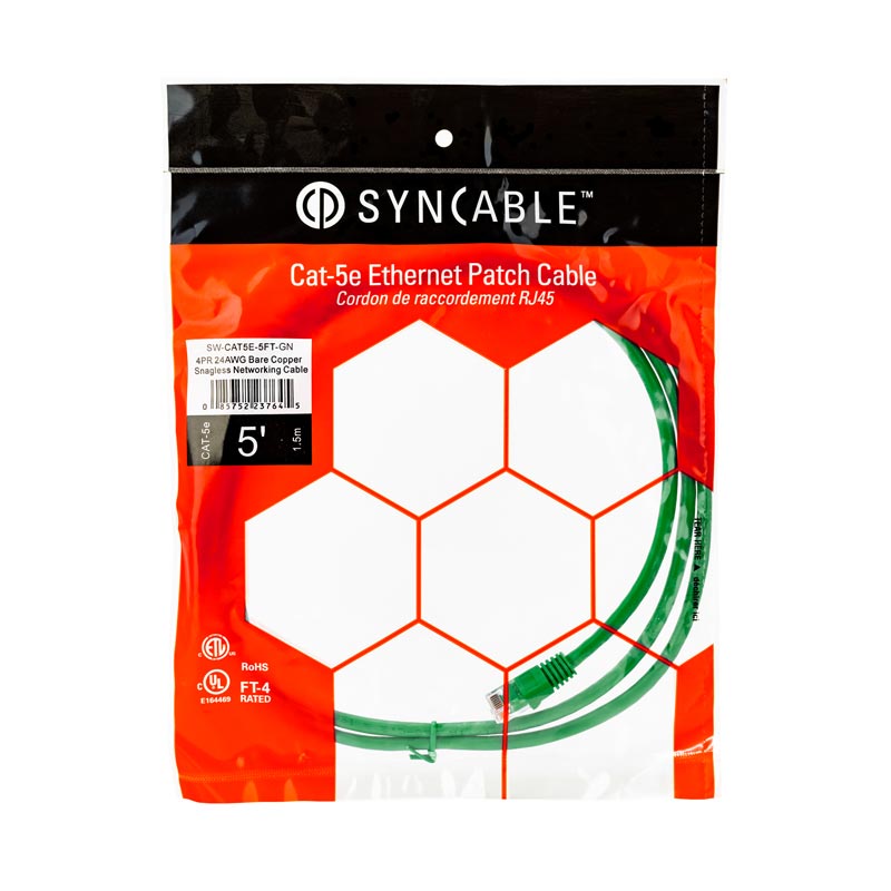 SynCable RJ45 CAT5E 350MHz FT-4 Molded Patch Cable – 5ft – Green