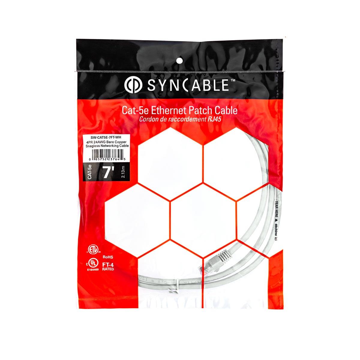 SynCable RJ45 CAT5E 350MHz FT-4 Molded Patch Cable – 7ft – White