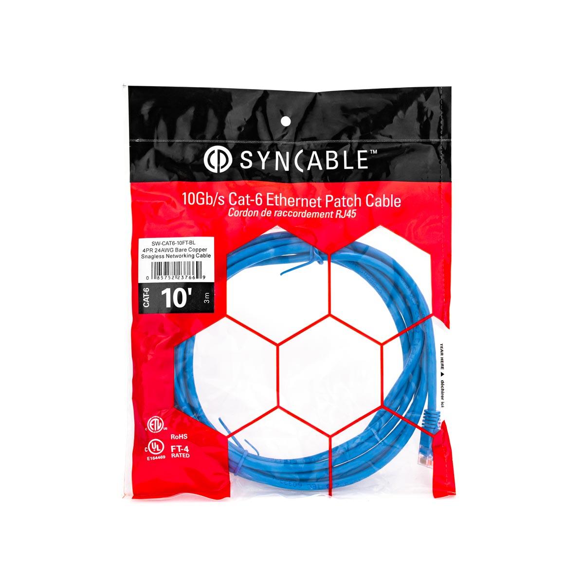 SynCable RJ45 CAT6 550MHz FT-4 Molded Patch Cable 10Gb/s – 10ft – Blue