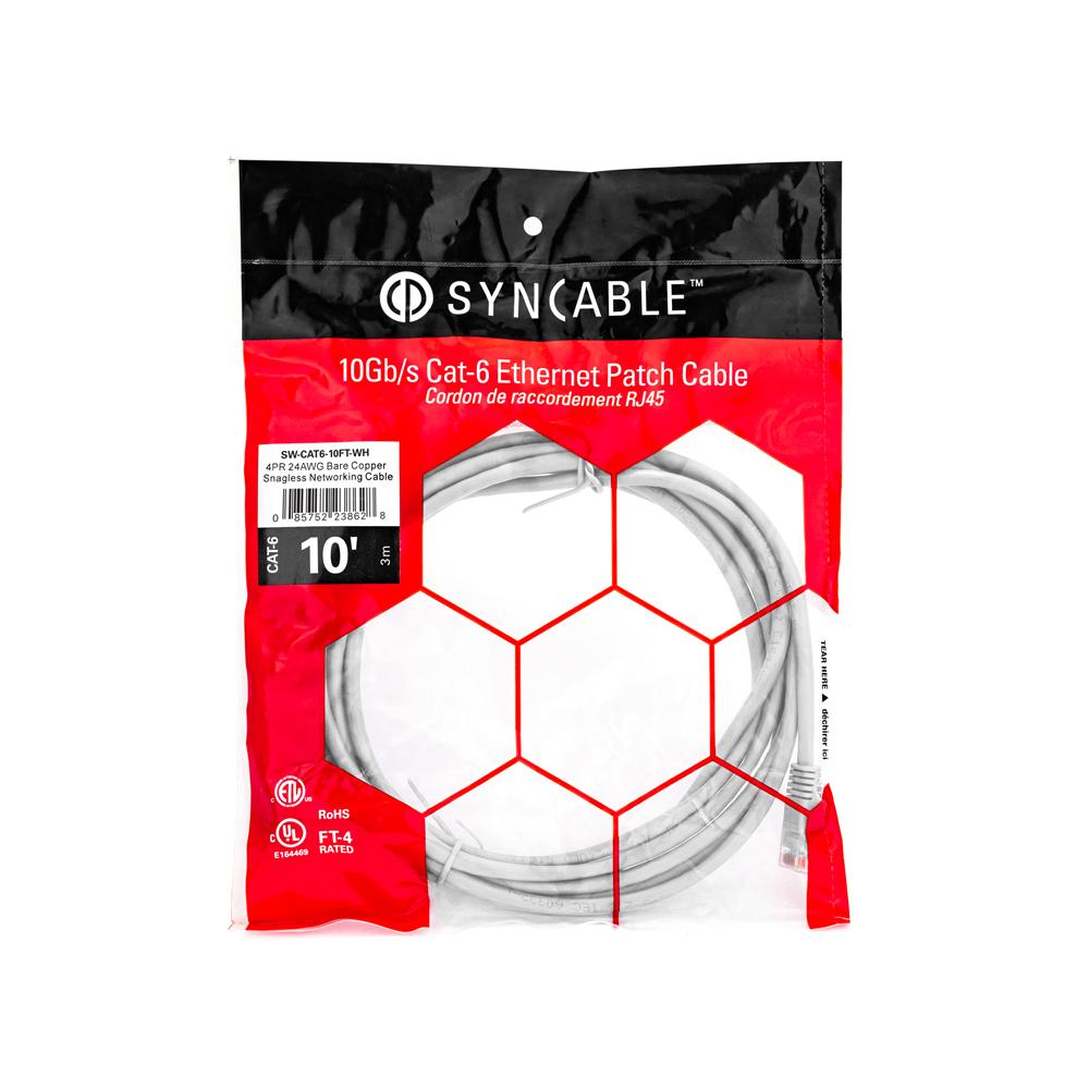 SynCable RJ45 CAT6 550MHz FT-4 Molded Patch Cable 10Gb/s – 10ft – White