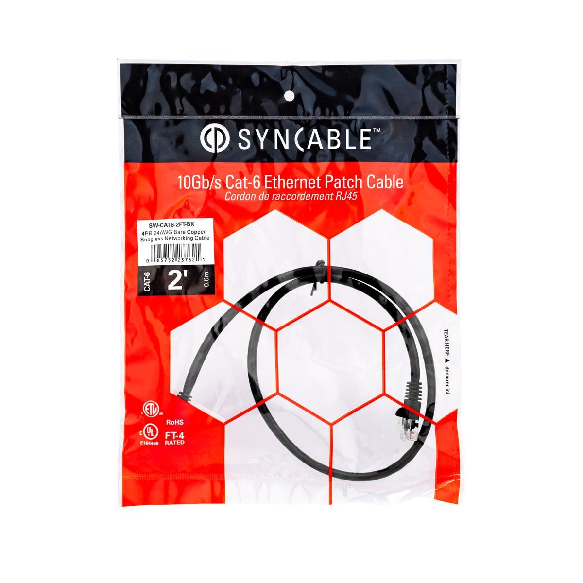 SynCable RJ45 CAT6 550MHz FT-4 Molded Patch Cable 10Gb/s – 2ft – Black