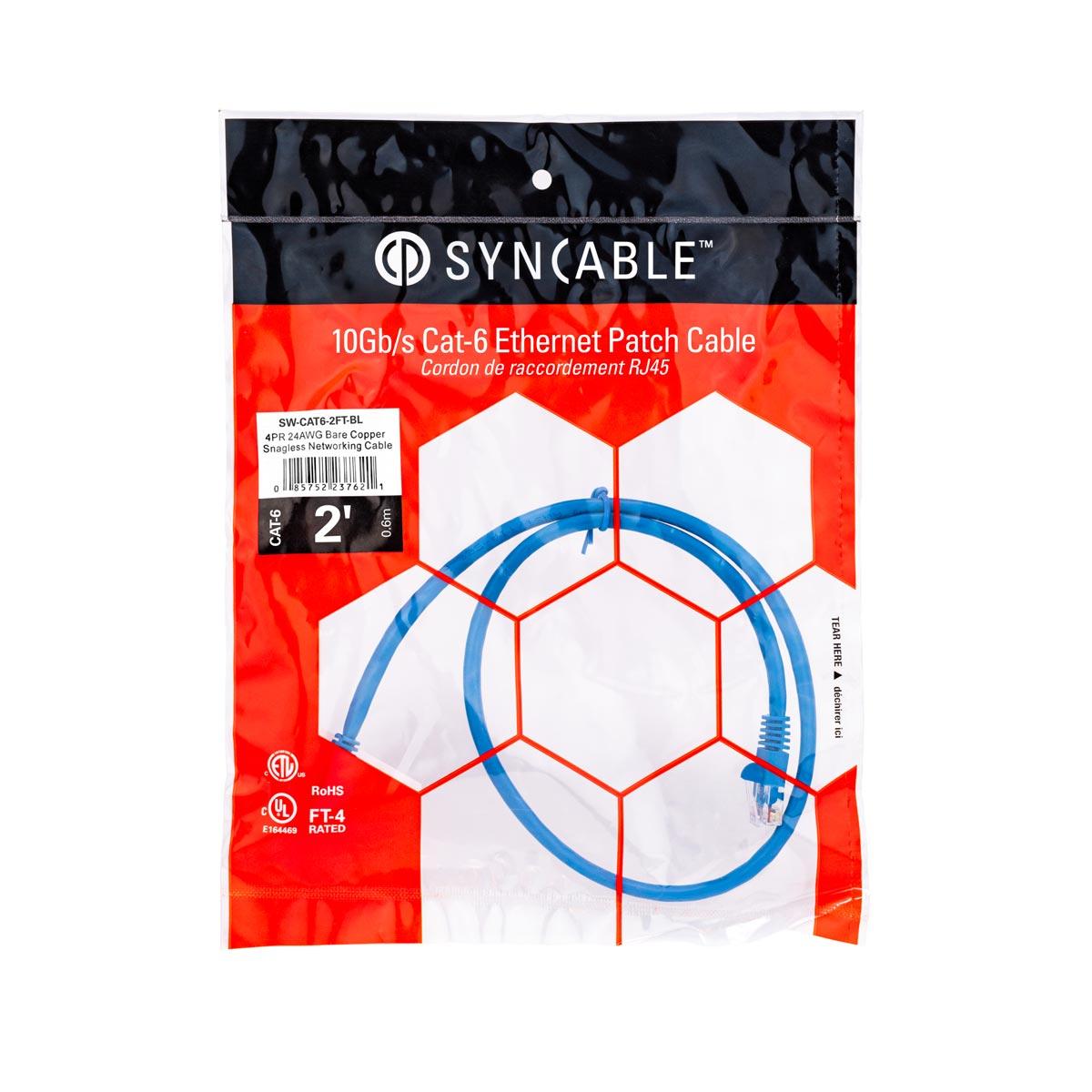 SynCable RJ45 CAT6 550MHz FT-4 Molded Patch Cable 10Gb/s – 2ft – Blue