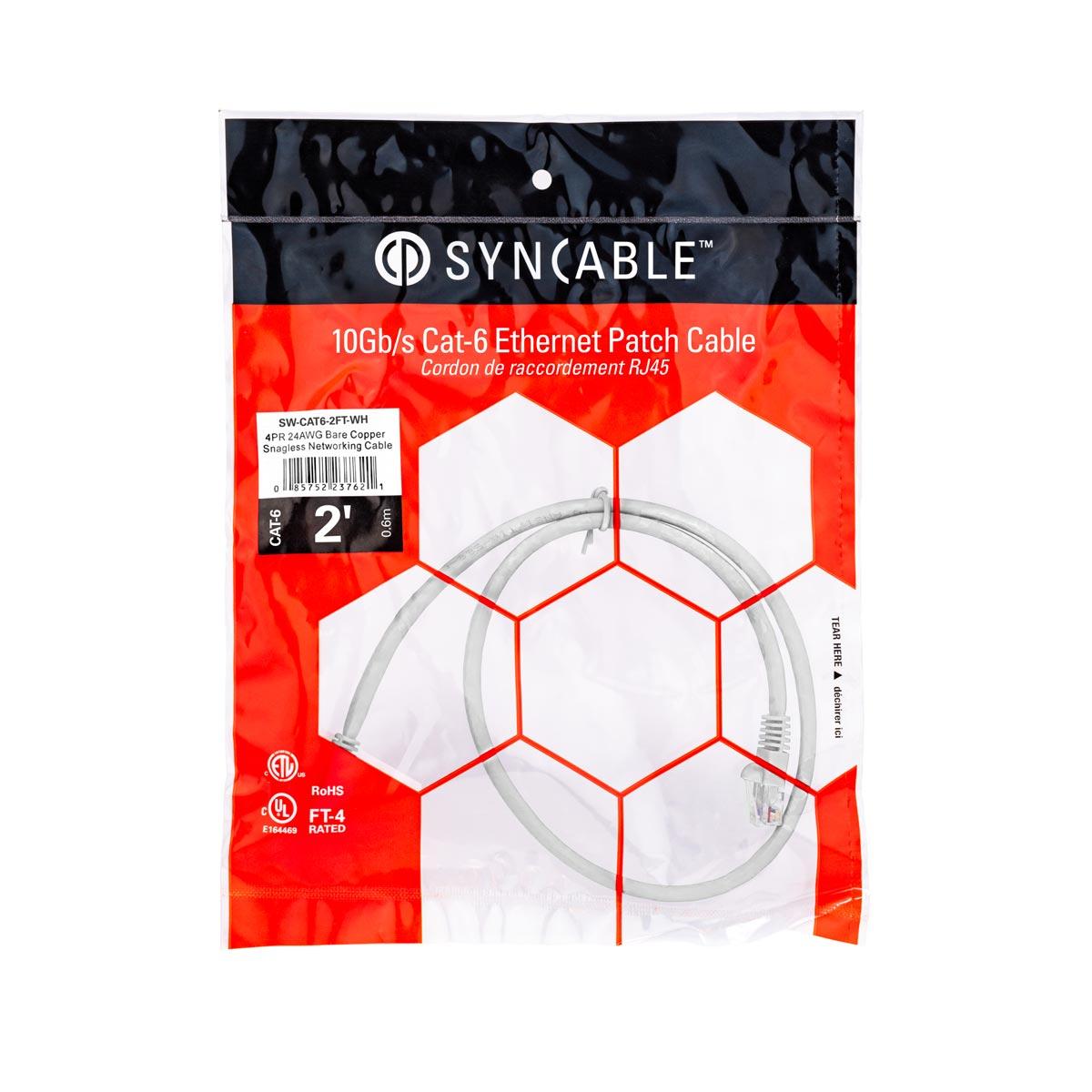 SynCable RJ45 CAT6 550MHz FT-4 Molded Patch Cable 10Gb/s – 2ft – White