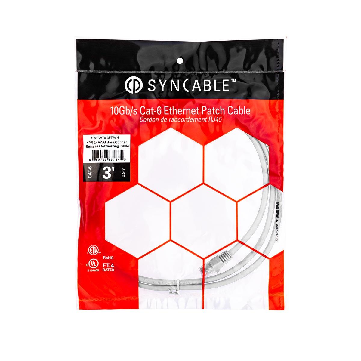 SynCable RJ45 CAT6 550MHz FT-4 Molded Patch Cable 10Gb/s – 3ft – White