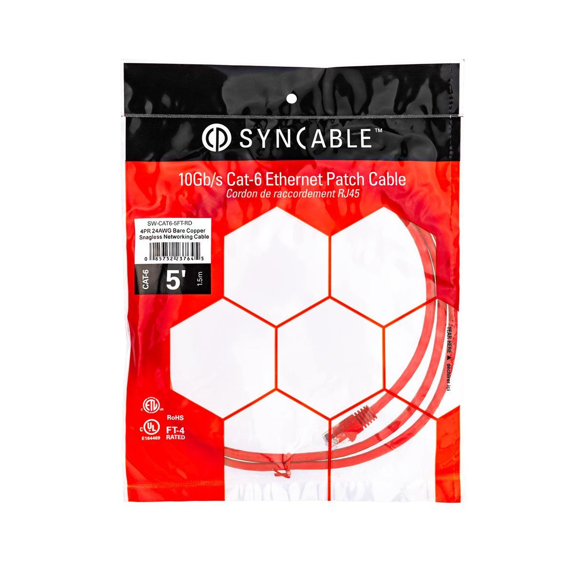 SynCable RJ45 CAT6 550MHz FT-4 Molded Patch Cable 10Gb/s – 5ft – Red