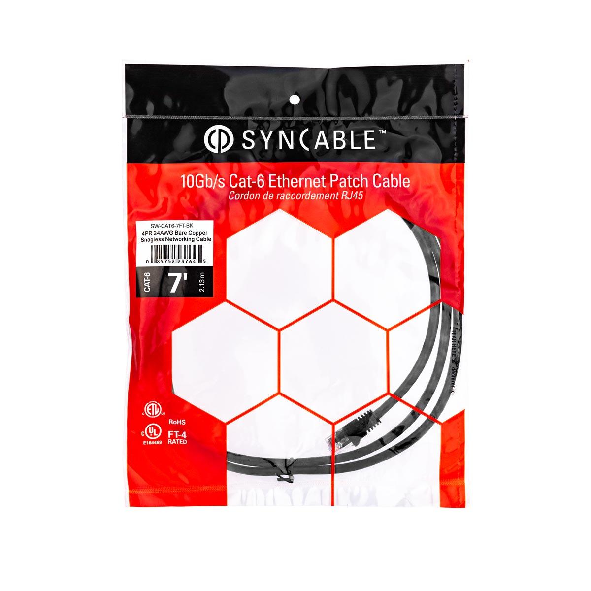 SynCable RJ45 CAT6 550MHz FT-4 Molded Patch Cable 10Gb/s – 7ft – Black