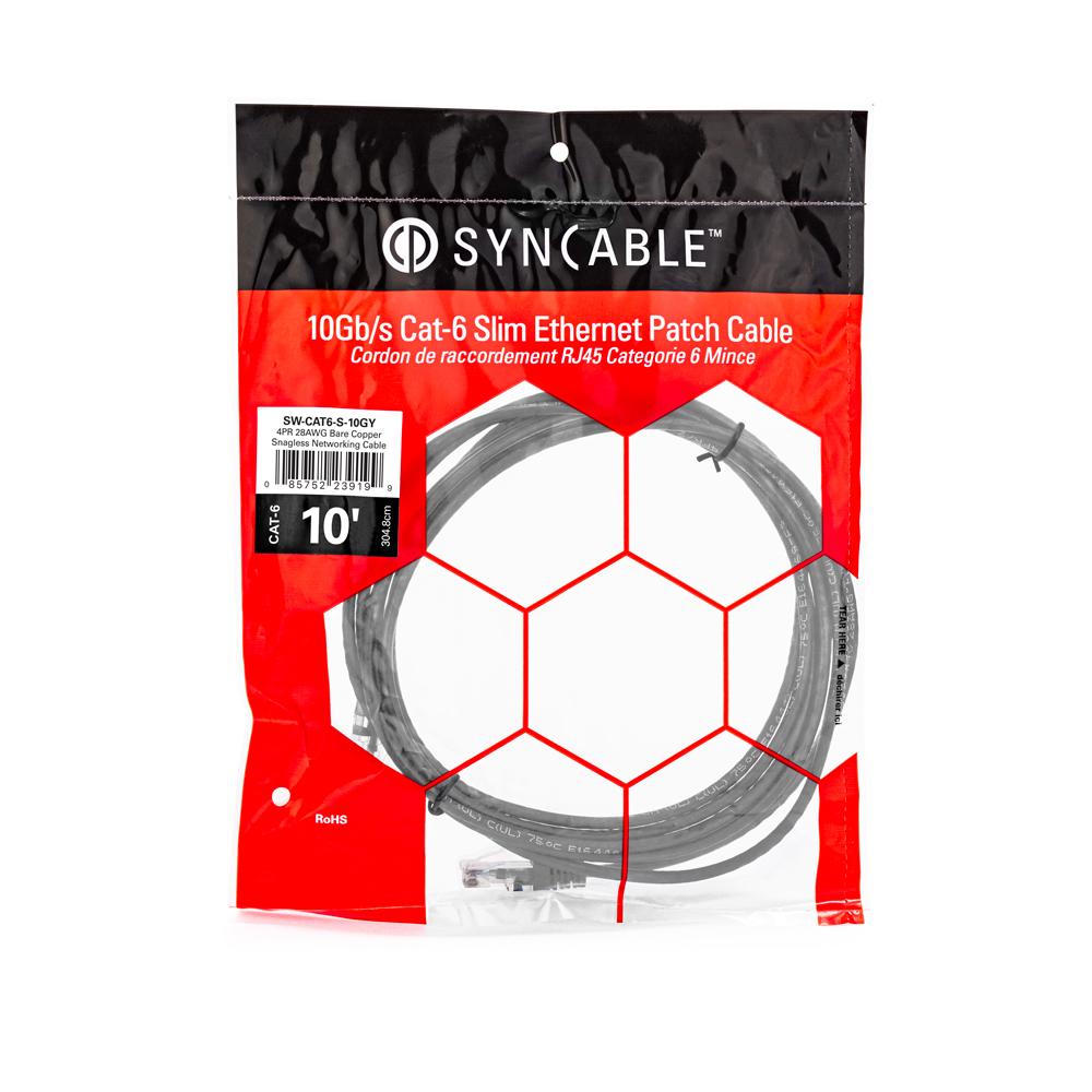SynCable RJ 45 CAT-6 10Gb/s Molded Super Slim Patch Cable – 10ft – Grey