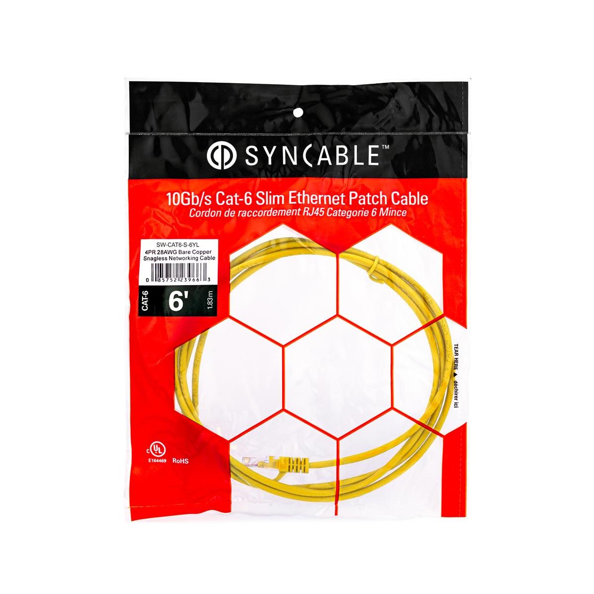 SynCable RJ 45 CAT-6 10Gb/s Molded Super Slim Patch Cable – 6ft – Yellow
