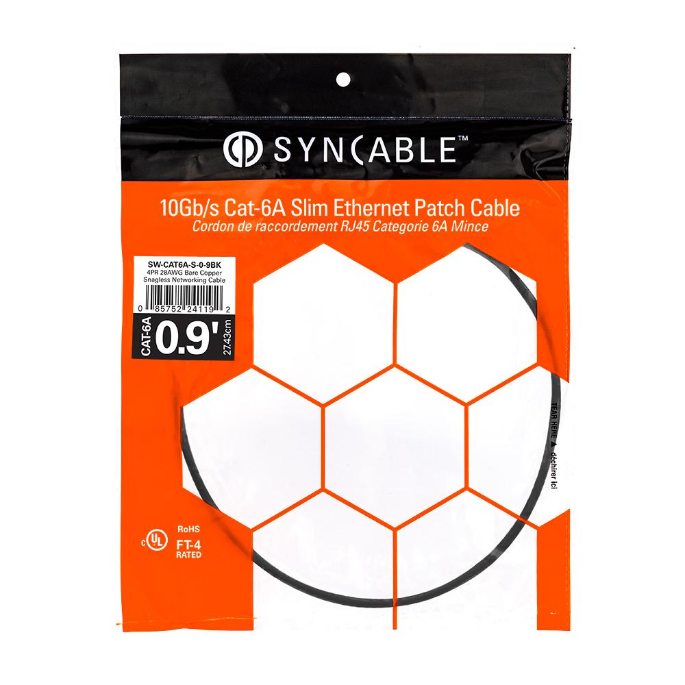 SynCable RJ45 CAT-6A 10Gbs FT-4 Molded Super Slim Patch Cable – 0.9ft – BK