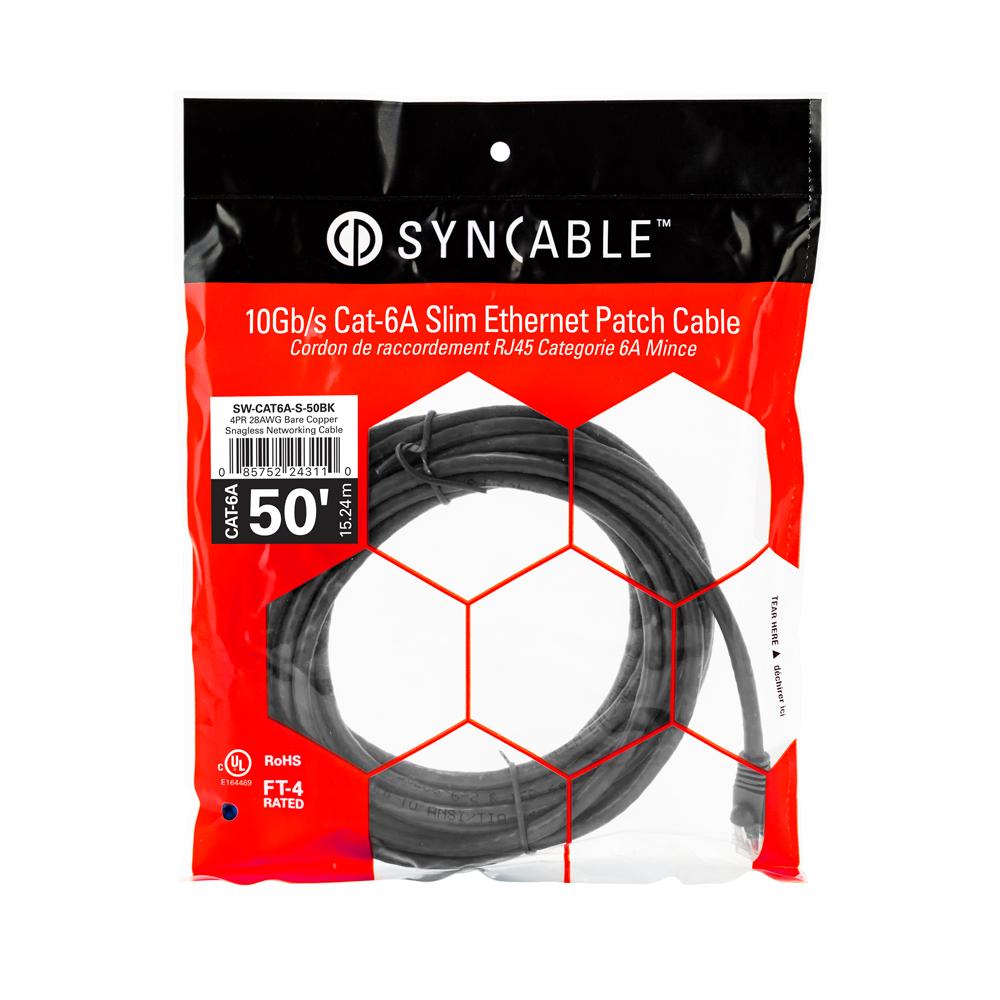 SynCable RJ45 CAT-6A 10Gbs FT-4 Molded Super Slim Patch Cable – 50ft – BK