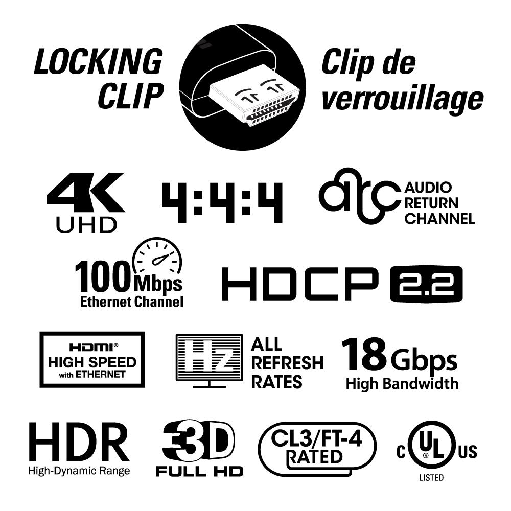 SynCable Locking High Speed Pro-Grade HDMI 4K @ 60Hz 18Gb/s 3D w/ Ethernet C(UL) UL FT4 UHD HDR 0.5M