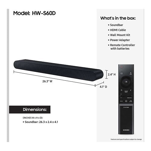 Samsung HW-S60D/ZC Wireless Dolby Atmos 5.0-Channel Soundbar, All-in-One, Wi-Fi and Bluetooth